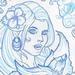 tattoo galleries/ - Blue Sketchbook Pinup Girl with Cherry Blossom and Swirly Blue Bird Tattoo Concept